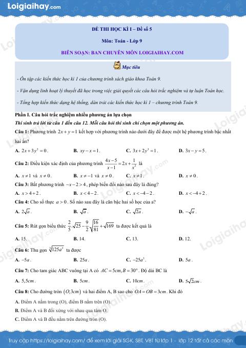 Đề thi học kì 1 Toán 9 - Đề số 5